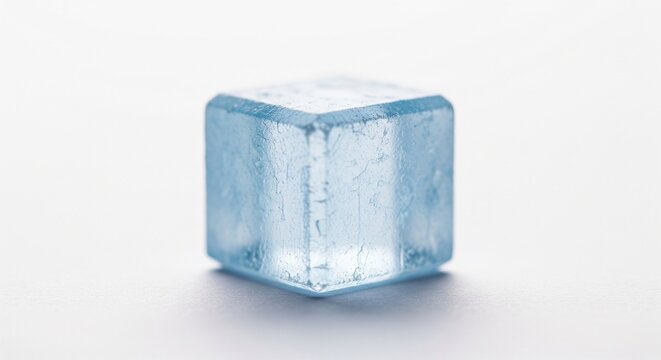 Clear light blue translucent ice cube on a clean white surface.