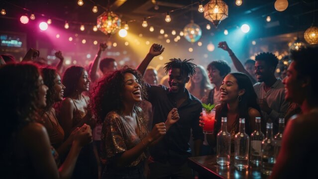 Diverse Friends Dancing and Celebrating at Nightclub Party