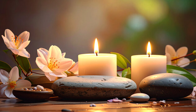 Zen spa setting with lit candles stones and delicate flowers