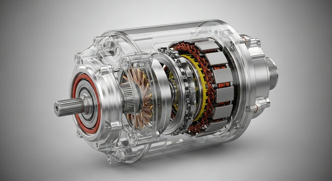 Detailed cutaway view of an electric motor with transparent housing revealing internal components like stator, rotor, and windings.