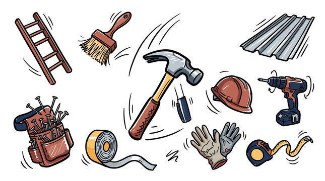 Construction and handyman vector icons with hammer, gloves and drill for web dashboard design illustration