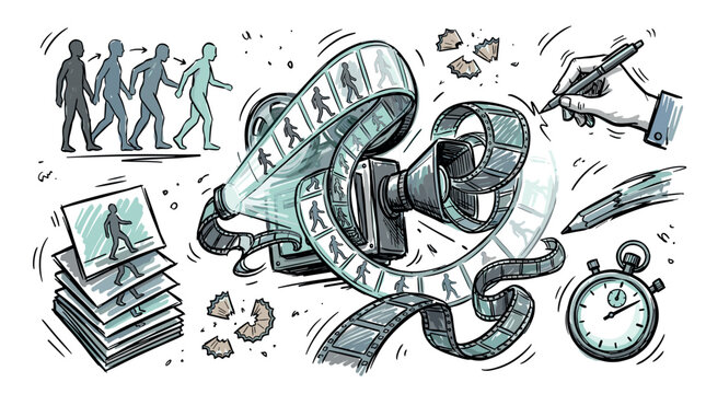 Evolution and film vector icons with walking sequence, hand drawing and stopwatch for infographic design in sketch style