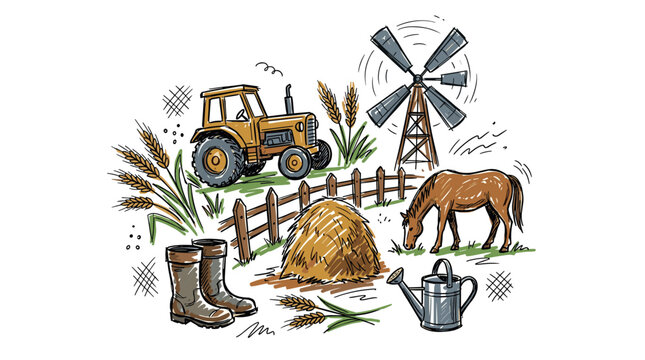 Farming and agriculture design icons with tractor, horse and windmill for presentation design in hand drawn style
