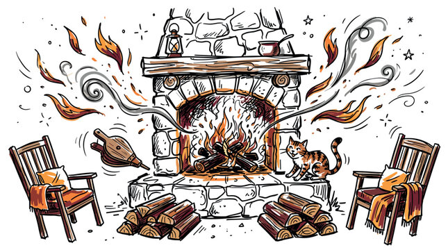 cozy and fireplace concept icons with firewood, armchair and cat for home decor design in marker style
