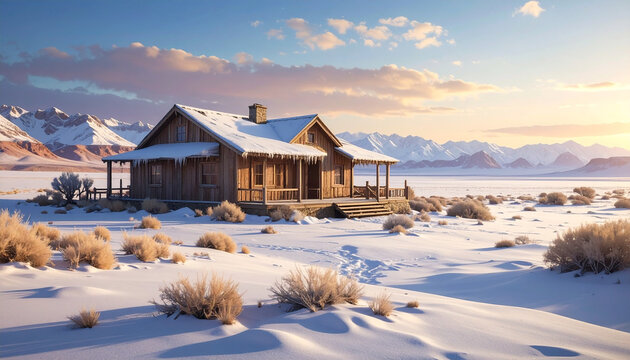 Rustic wooden cabin in snowy landscape at sunset