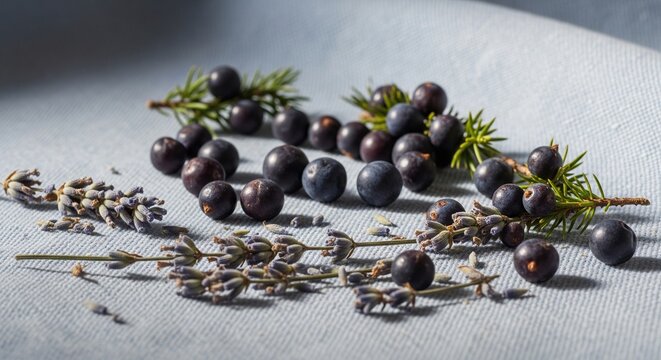 Dark juniper berries with pine branches and dried lavender flowers on a gray linen fabric.