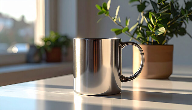 Silver mug reflecting sunlight and plant on a table