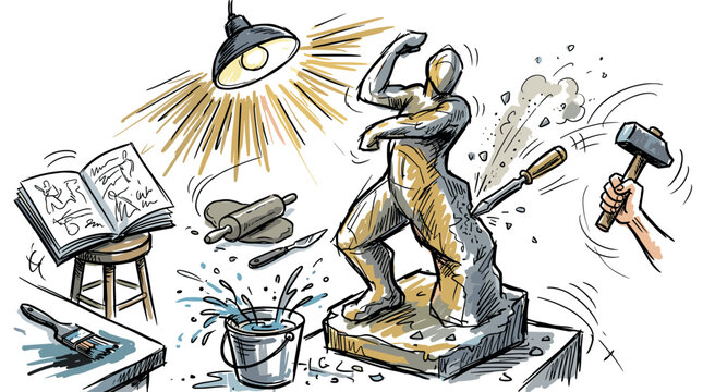Sculpture making and artistic creation concept icons with statue, hammer, chisel for infographic design in hand drawn outline style