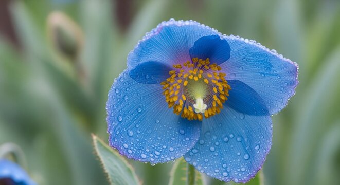 Beautiful blue blossom with water drops on petals and yellow stamens.