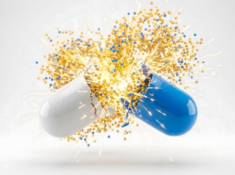 A single blue and white medical capsule splitting open to release a cloud of small golden particles isolated on a white background