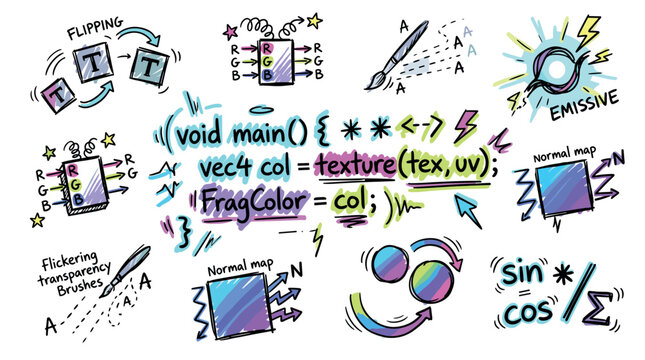 Technology and programming design icons with shader code, paintbrush and normal map for web design in colorful vector art