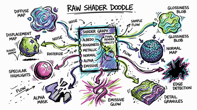 Shader and graphics concept icons with noise, flow and glossiness blob for infographic design in colorful doodle style