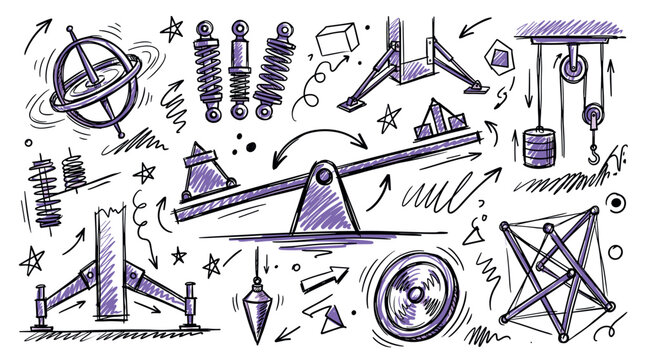 Physics and mechanics vector icons with lever, pulley and gyroscope for infographic design in hand drawn doodle style