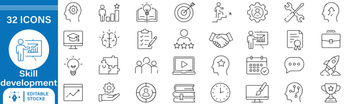 32 Skill Development Outline Icons Vector Set &ndash; Career Growth, Professional Training, Learning, Personal Development and Education Line Symbols Collection