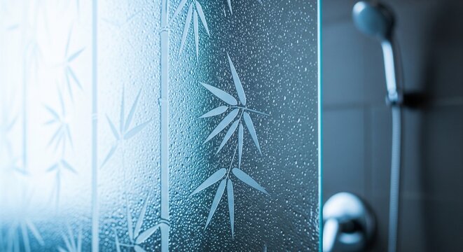 Close up of a frosted glass shower screen with bamboo leaf prints and chrome shower fixture.