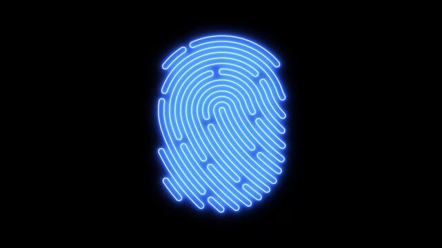 Glowing blue neon fingerprint animation for cybersecurity and biometric identity verification