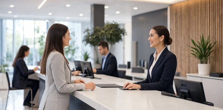 Businesswoman discussing documents with receptionist at corporate front desk in modern office building lobby office environment reception business receptionist customer professional