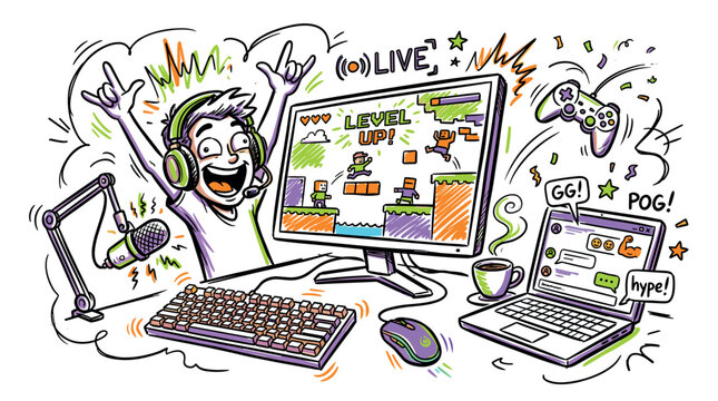 Gaming and live streaming design icons with computer monitor, headset and game controller for web design in colorful doodle style