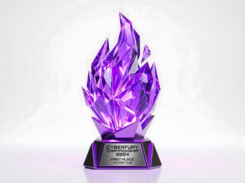A vibrant purple crystal flame award trophy standing on a reflective surface isolated against a clean white studio background for recognition