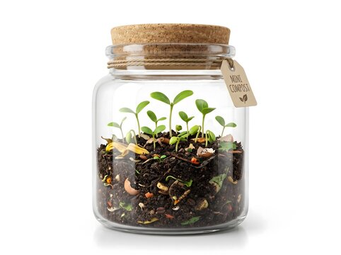 A small glass jar containing tiny green seedlings growing in rich dark soil with a cork lid isolated on a white background