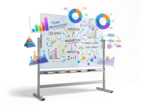 A professional whiteboard featuring colorful business data visualizations and complex analytical charts floating in the air to represent modern corporate strategic planning concepts