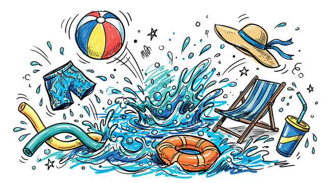 summer and beach vector icons with hat, ball and chair for mobile app design in colorful illustration