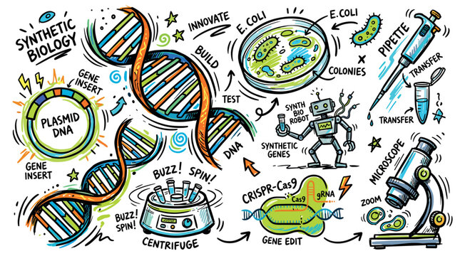 Synthetic biology and genetics concept icons with DNA, bacteria and microscope for scientific infographic in colorful hand drawn style