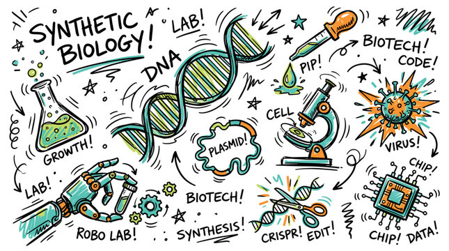 Synthetic biology and biotech design icons with dna, microscope and robot hand for infographic design in colorful illustration