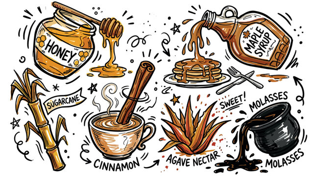 Sweeteners and natural ingredients design icons with honey jar, cinnamon cup and maple syrup bottle for marketing in colorful doodle style