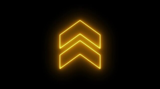 Glowing neon double arrow sign pulsing animation on black background, direction