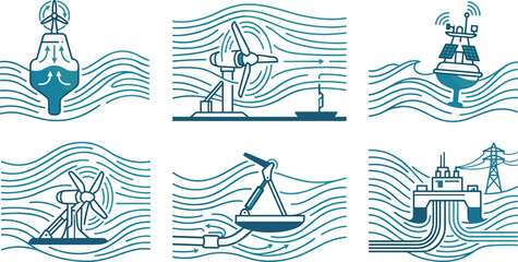 Blue line vector set of offshore renewable energy and marine power generation concepts © Sadiya Art