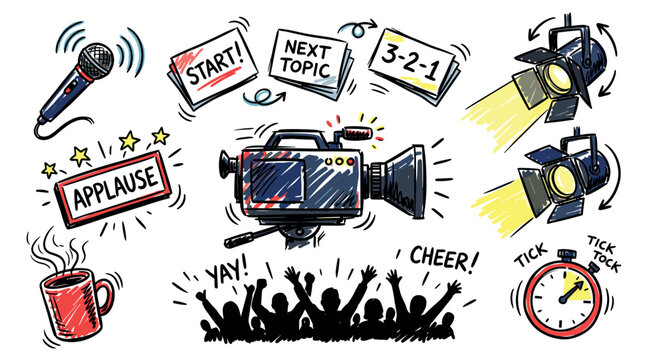 Media and presentation vector icons with video camera, microphone and spotlight for branding design in colorful doodle style