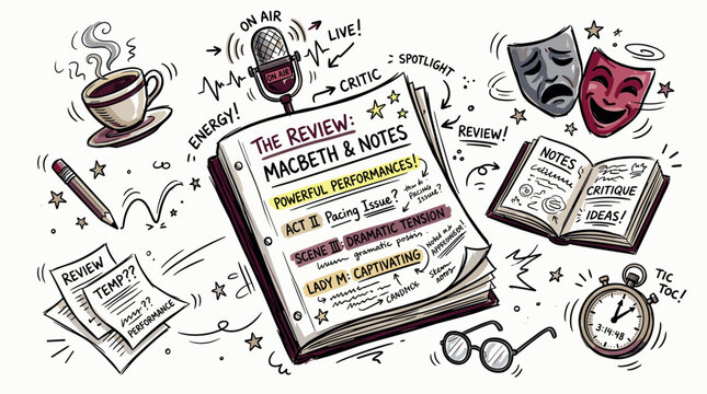 Theater and review concept icons with microphone, drama masks and notes for presentation design in doodle illustration style