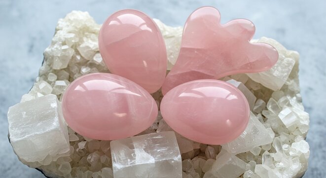 Pink rose quartz facial massage tools and yoni eggs lying on a cluster of natural white selenite crystals