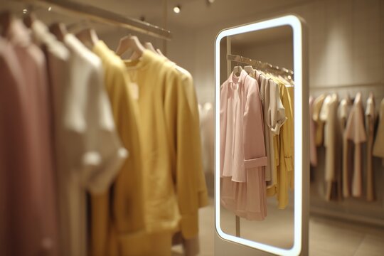 Modern clothing store with illuminated fitting room mirror.
