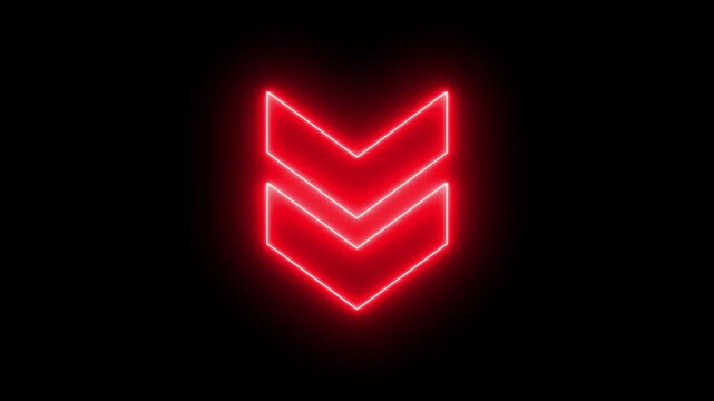 Glowing red neon double arrow sign pulsing on black background, for ui motion, light
