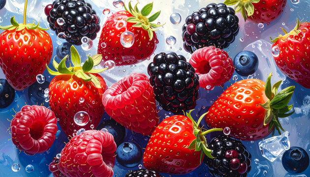 Fresh berries and ice cubes splashing in water vibrant fruit assortment