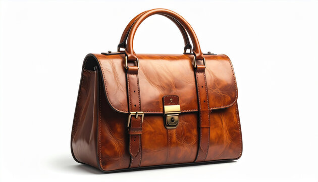 High-Quality Brown Leather Handbag With Golden Buckle Isolated