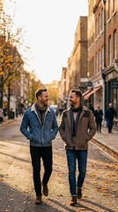Obraz premium Happy diverse gay couple smiling and walking together on a sunny autumn city street. 