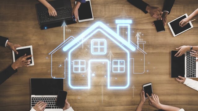 Digital Home Concept with Diverse Hands Using Technology in a Collaborative Workspace for Real Estate and Property Management Solutions Sigmoid