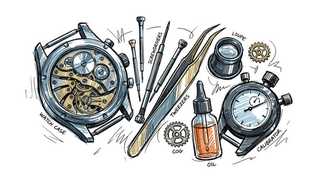 Watchmaking and repair vector icons with watch case, tweezers and screwdriver for branding design in hand drawn illustration