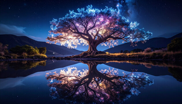 Magical glowing tree reflecting in calm water under starry night sky