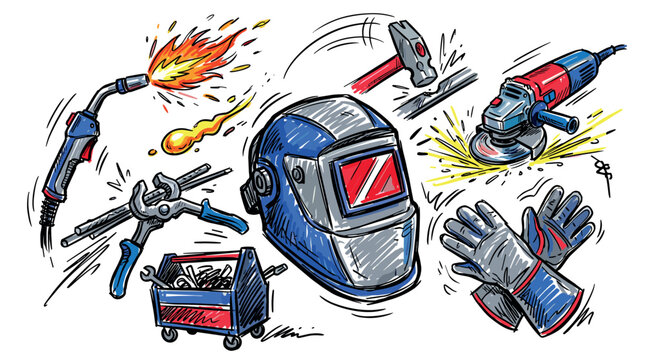 Welding and workshop design icons with welding mask, hammer and gloves for industrial dashboard in colorful vector art