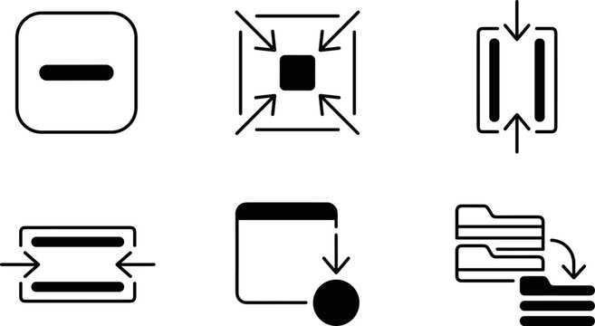 Set of minimalist user interface icons representing window management and data compression