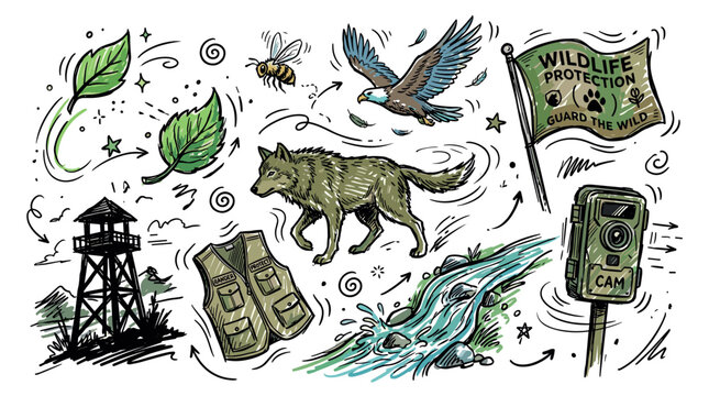 Wildlife and nature vector icons with wolf, eagle, river, vest and trail camera for infographic design in hand drawn illustration
