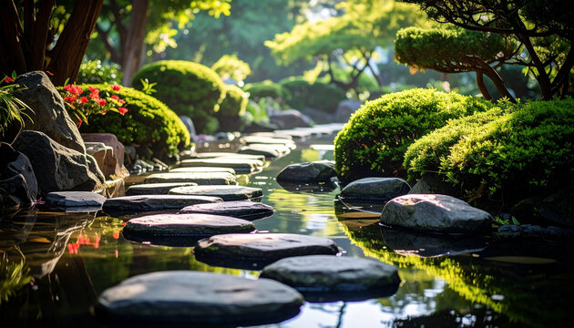 Serene Japanese garden with stepping stones over water and lush greenery