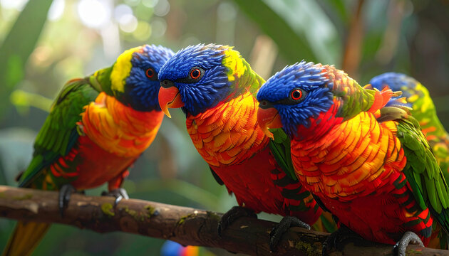Three colorful Rainbow Lorikeets perched on a branch in a forest