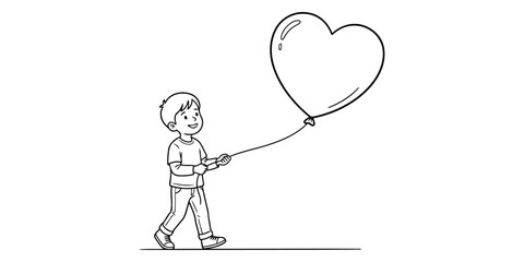 A cute little boy holding a heart shaped balloon line drawing