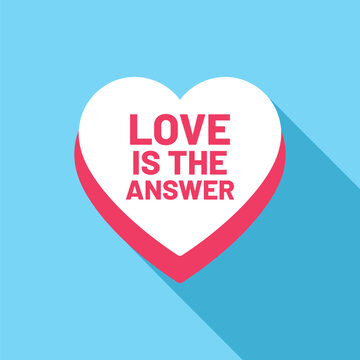 White heart with pink border and text LOVE IS THE ANSWER on blue background with shadow