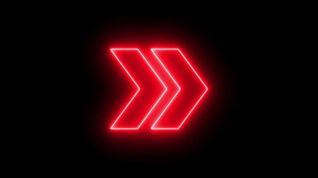 Red neon glowing double arrow sign pulsing on black background, for modern motion, light